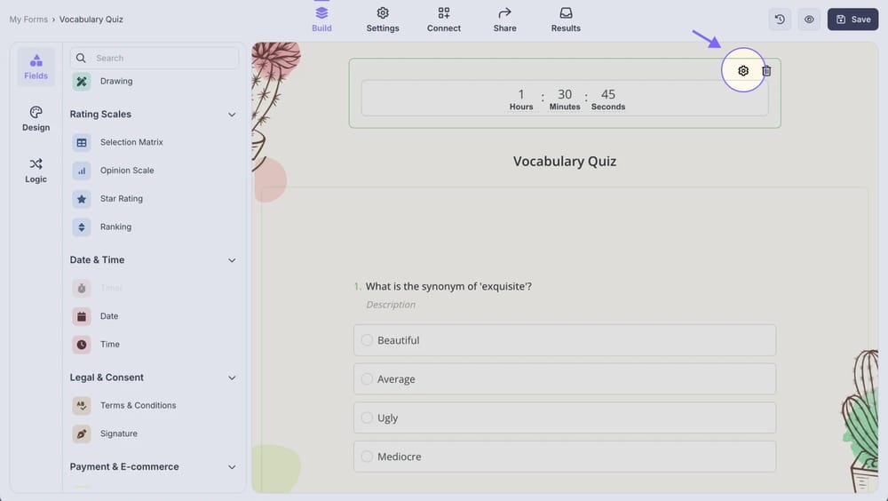An image showing the gear icon on the “Timer” field, which you need to click to access the field settings