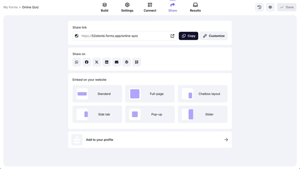 Share or embed your online quiz