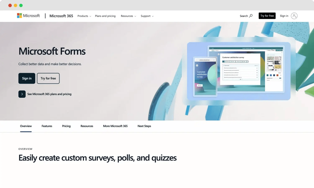 Microsoft Forms'un ana sayfası