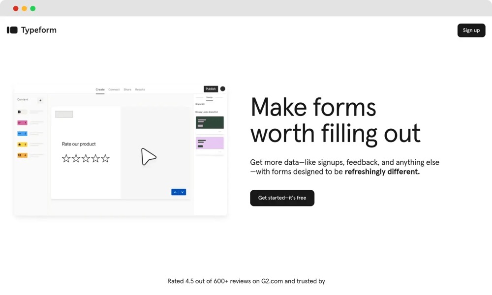 Typeform'un ana sayfası