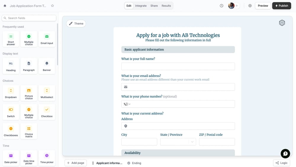 Workspace of Fillout