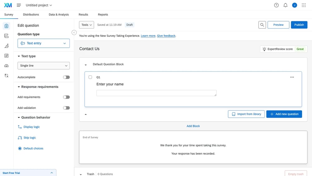 Workspace of Qualtrics