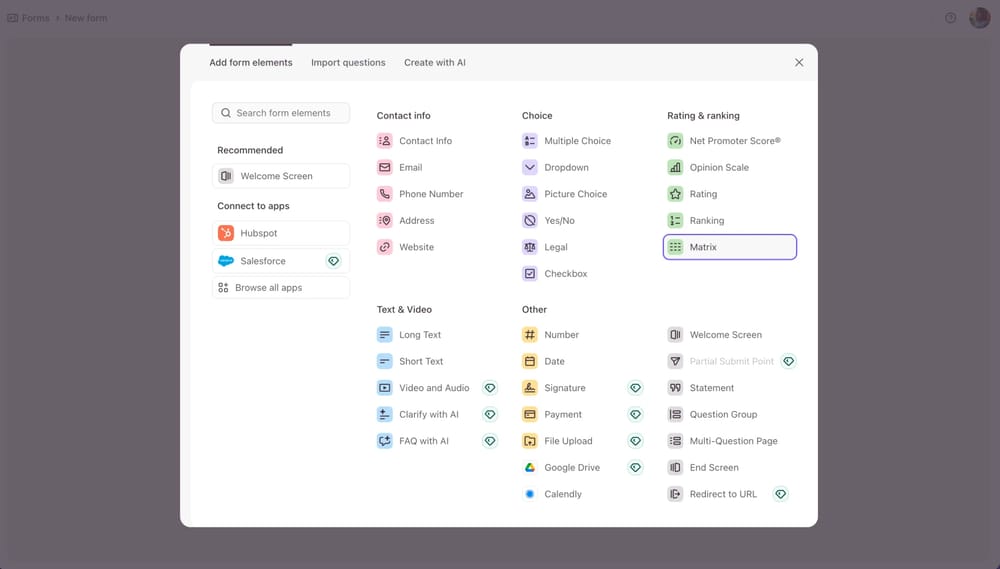 Abre el menú de preguntas y selecciona ‘Matriz’