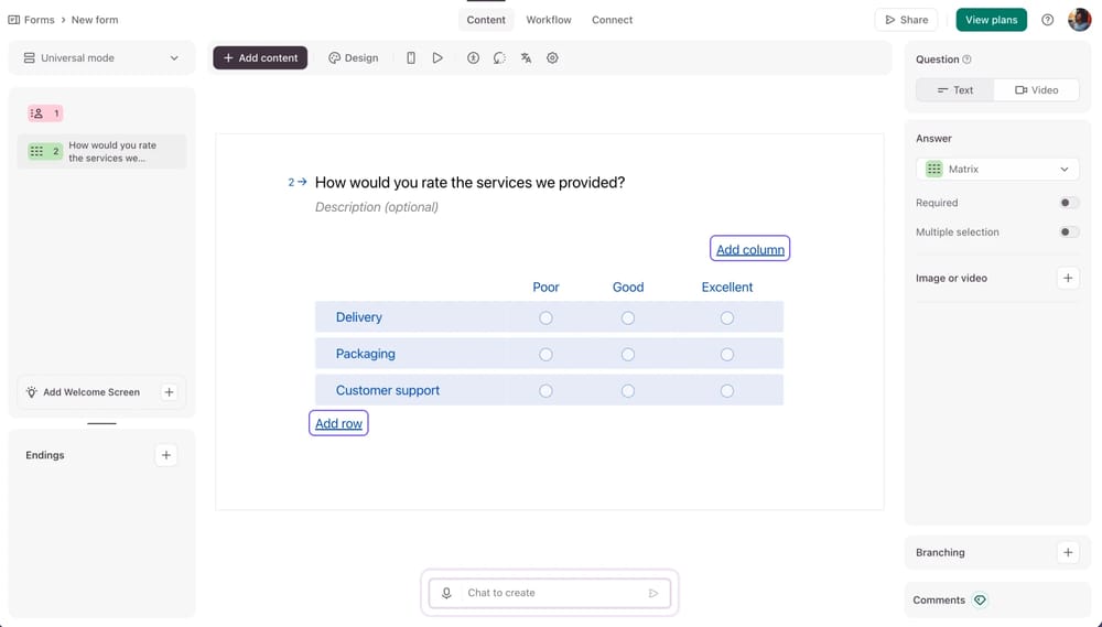Añade tus filas y columnas para construir tu pregunta de matriz
