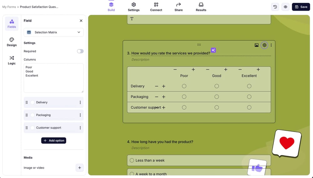 Añade el campo ‘Matriz de selección’ y ajusta su configuración según sea necesario