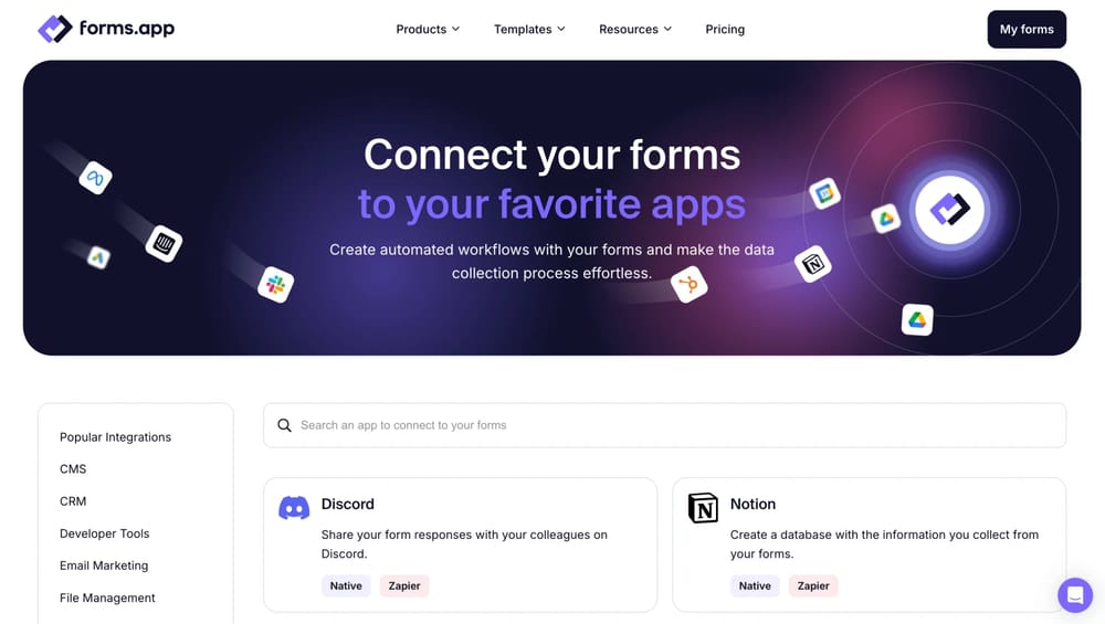 Integrations page of forms.app