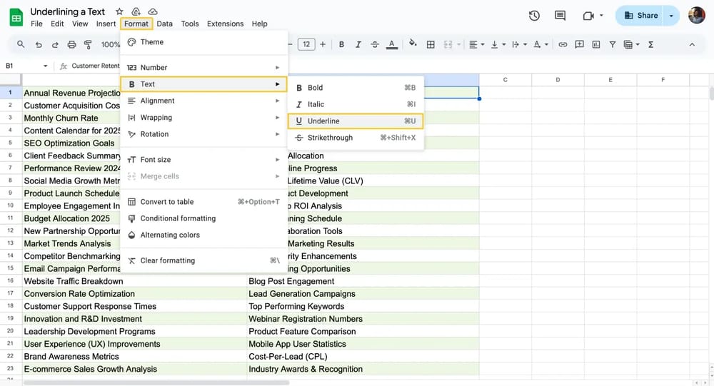 Haga clic en Formato para subrayar