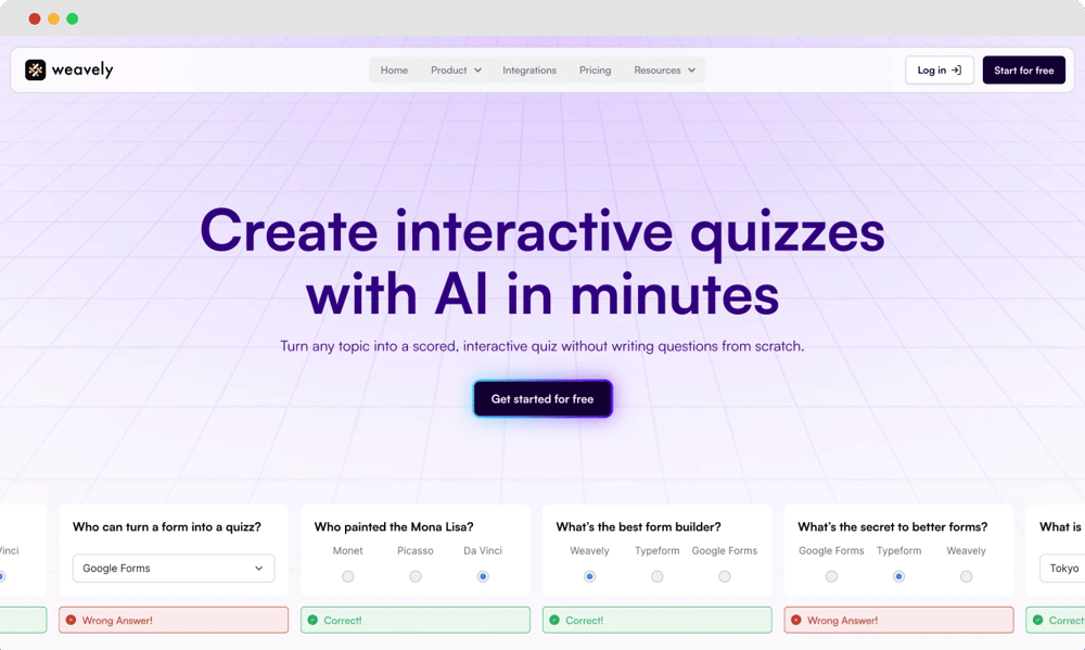 The homepage of Weavely