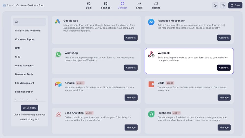 An image showing the “webhook” option, which you need to select after opening the “Connect” section of your form