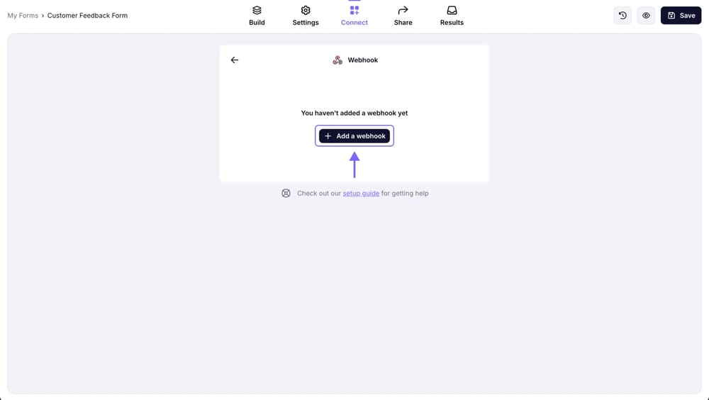 An image showing the pop-up appearing, where you will need to click the “Add a webhook button” to start the connection