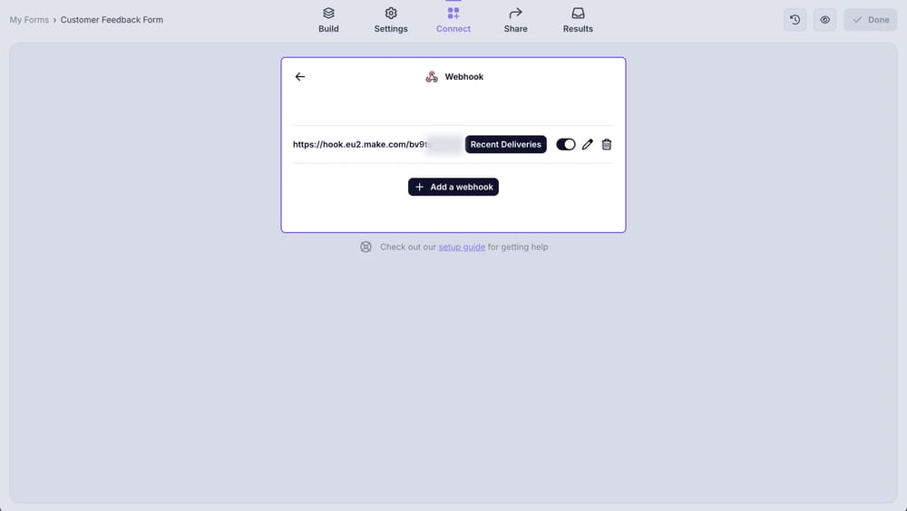 An image showing the page of the successful setup of your webhook, where you can edit your webhook, delete it, unpublish it, or see your recent deliveries if needed
