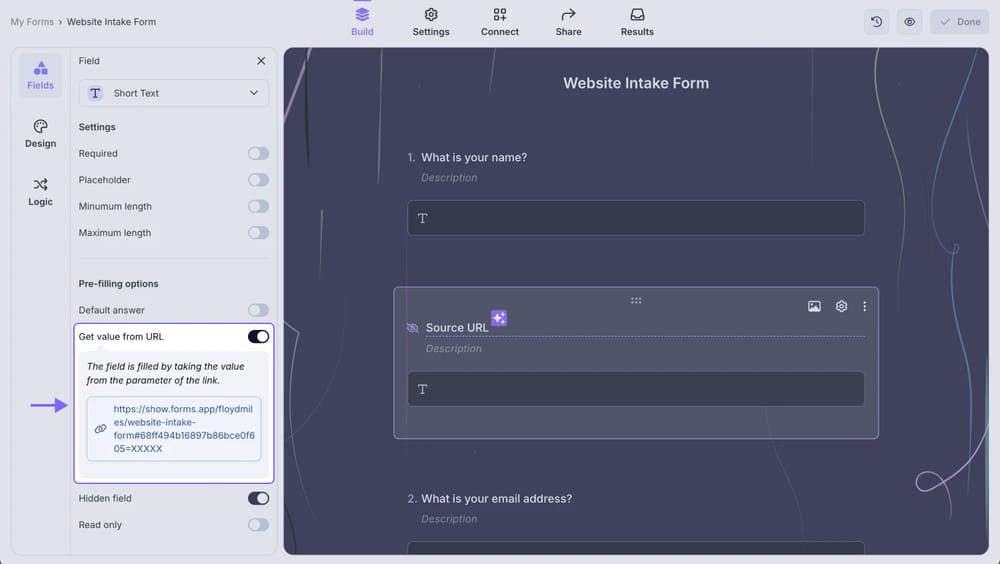 An image showing the “Get value from URL” option, which you need to enable from the field settings