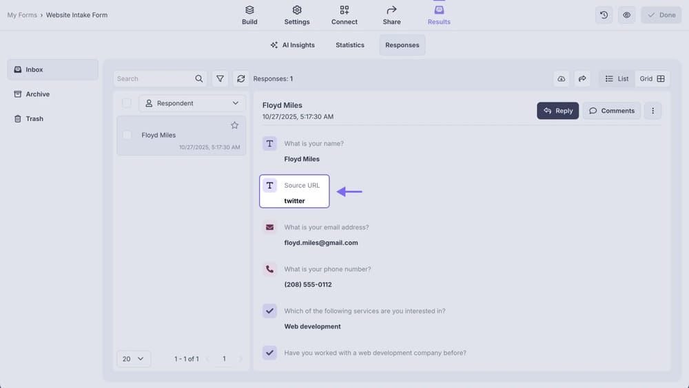 An image showing the response example of the field you made hidden and how it looks within your form answers