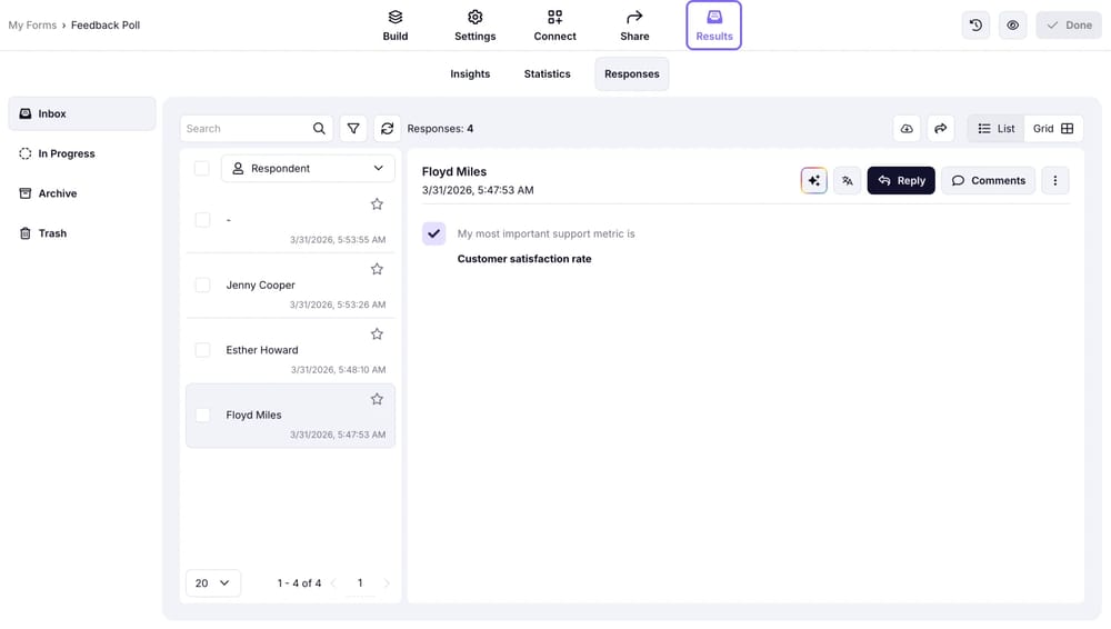 Haz clic en el botón 'Resultados' para gestionar las presentaciones de tu formulario