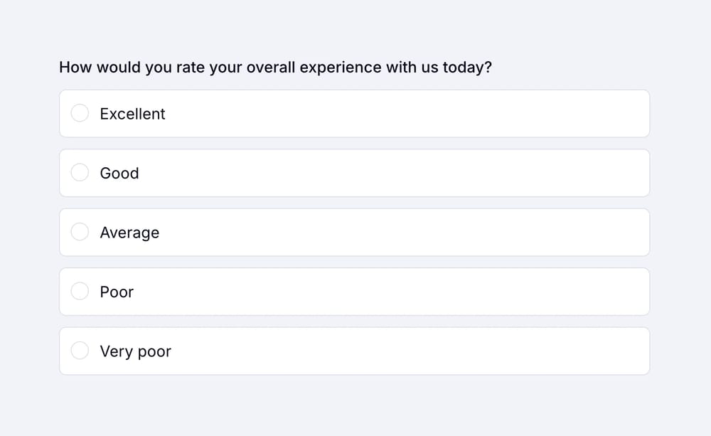 Una pregunta de encuesta de calificación que pregunta sobre la experiencia general