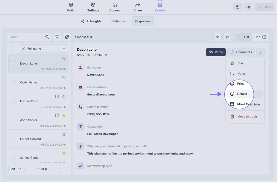 An image showing options under the three-dot menu within the response