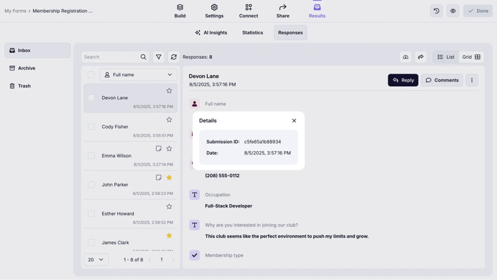 An image showing the pop-up page for the form details