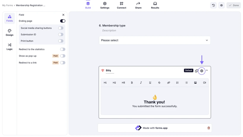 An image highlighting the gear icon on the ending field on a form
