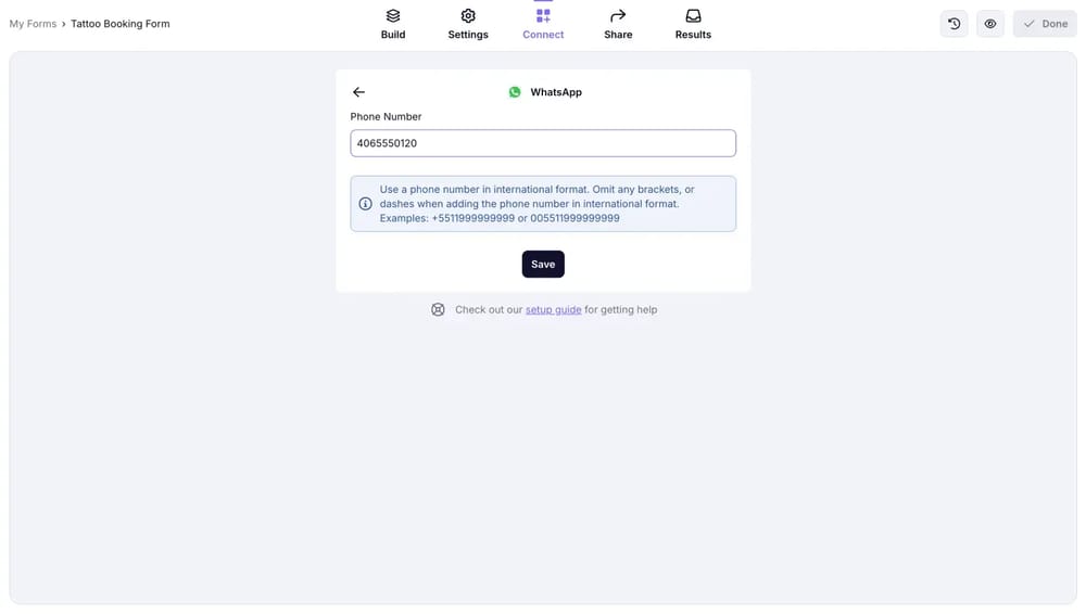 An image showing the page where you will need to enter your phone number, which is connected to WhatsApp, to start the integration