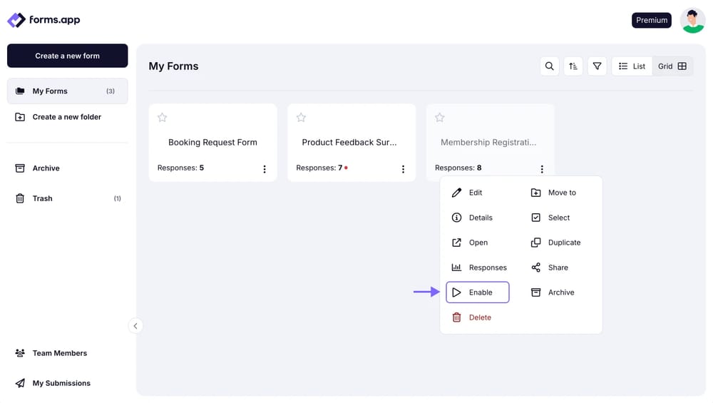 An image showing where you can enable your form from the “Dashboard” in case it was disabled