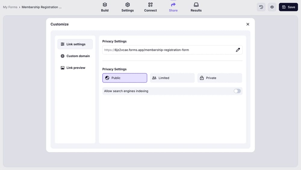 An image showing the “Share” section where you can adjust the Privacy settings of your form by opening the “Customize” tab next to your form URL