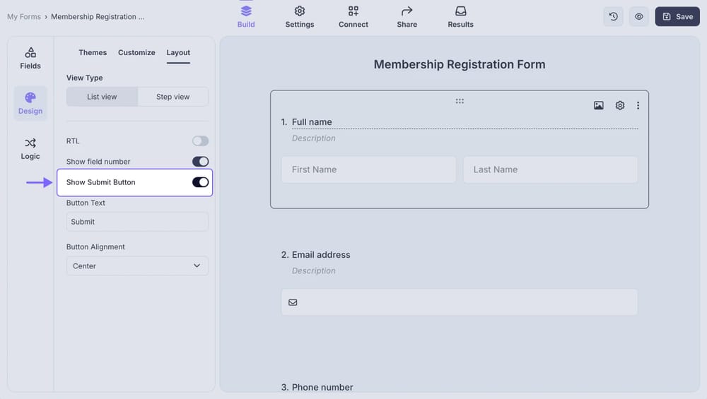 An image showing the “Show Submit Button” setting in the “Design” section, which allows you to show or hide the submit button of your form according to your needs