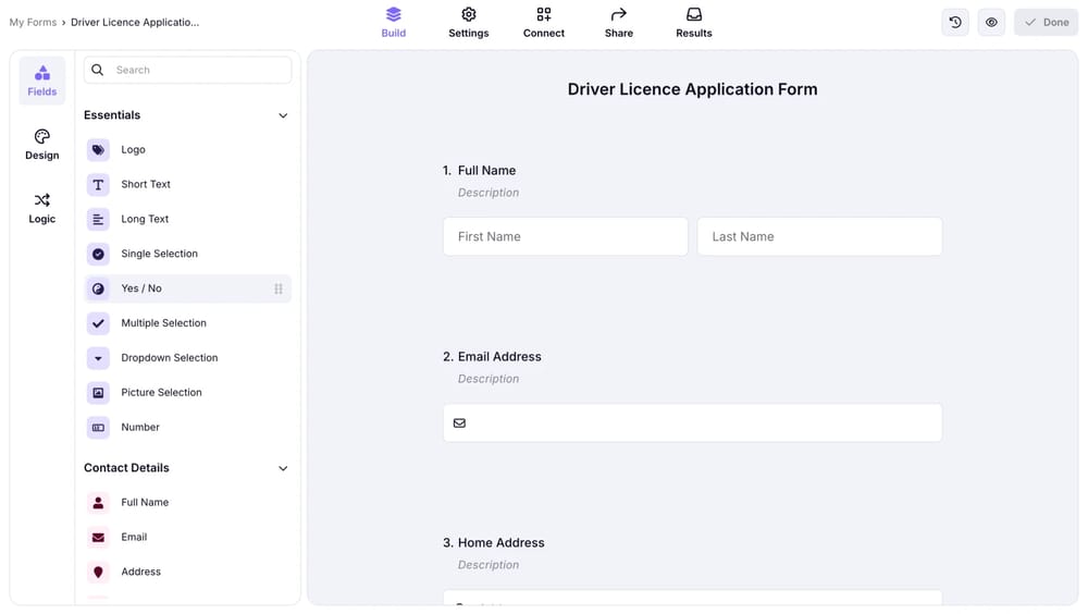 An image showing how you can add the “Yes/No” question to your form from the field menu on the left side