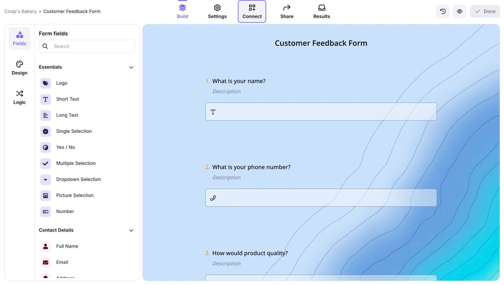 An image showing the opened form and the “Connect” button you need to press to access the integration