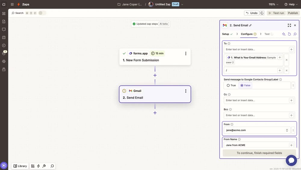 An image showing the “Configure” tab where you will need to match the form fields with the properties