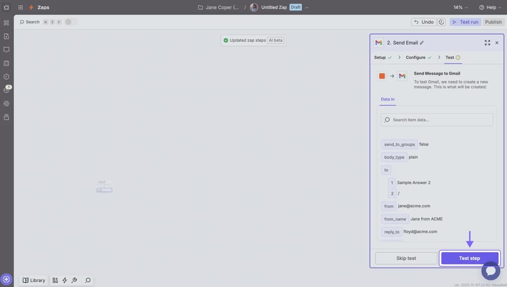 An image showing the “Test” area, where you will need to test your workflow
