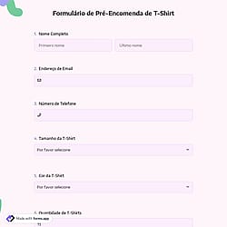 Formulário de Pré-venda de Camisetas