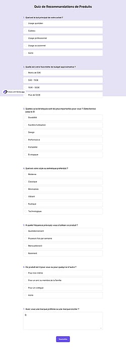 Quiz de recommandation de produit