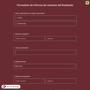 Plantilla de Formulario de Informe de Lesiones del Empleado