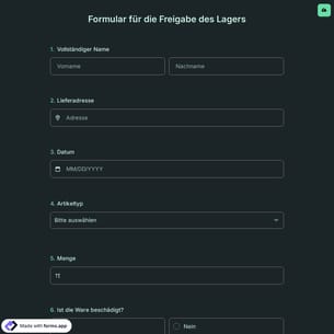 Formular für die Freigabe des Lagers