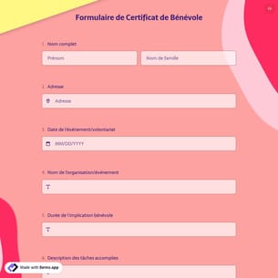 Formulaire de Certificat de Bénévole