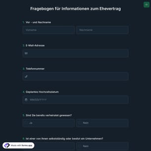 Fragebogen für Informationen zum Ehevertrag
