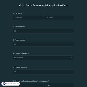 Video Game Developer Job Application Form