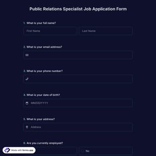 Public Relations Specialist Job Application Form