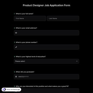 Product Designer Job Application Form