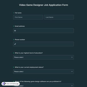 Video Game Designer Job Application Form