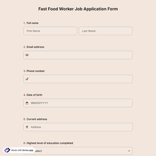 Fast Food Worker Job Application Form