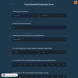 Food Scientist Estimate Form