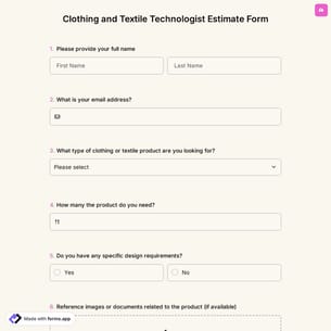 Clothing And Textile Technologist Estimate Form