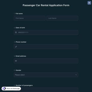 Passenger Car Rental Application Form