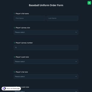 Baseball Uniform Order Form