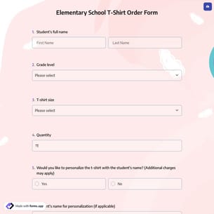 Elementary School T-Shirt Order Form
