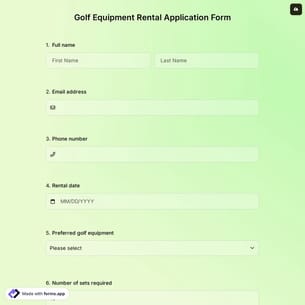 Golf Equipment Rental Application Form