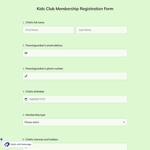 Kids Club Membership Registration Form