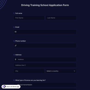 Driving Training School Application Form