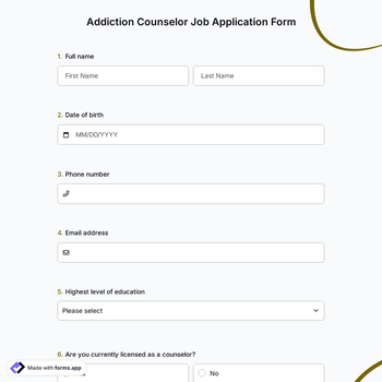 Addiction Counselor Job Application Form